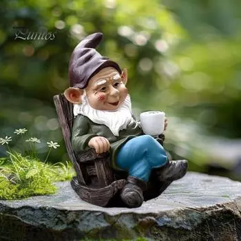 Кресло-качалка, фигурка гнома из смолы, держащая кофейный гном, статуэтка эльфа, скульптура для внутреннего и наружного использования, сада, патио, двора, газона, украшение, орнамент A