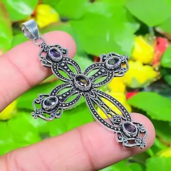 Крест-аметистовый драгоценный камень, кулон ручной работы из стерлингового серебра 925 пробы 2,68 дюйма Y6Z49