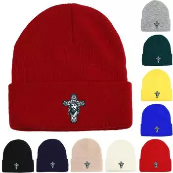 Крест Иисус Зимняя вязаная шапка Beanie, Skullies Beanies Slouchy Теплые однотонные шапки с помпоном Вязаная шапка Beanie as the picture жёлтый