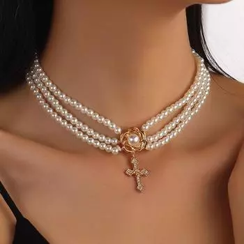 Крест Имитация жемчуга Ожерелье Серьги Цветок Ювелирные изделия Комплект Многослойное жемчужное ожерелье Вечеринка
