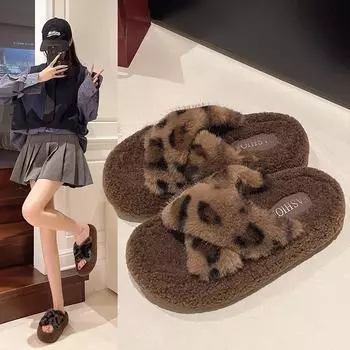 Крест леопардовый принт Mao Mao обувь женская новая толстая подошва плоская хлопковая швабра домашняя мода теплая хлопковая обувь носить швабру Mao Mao на улице 35
