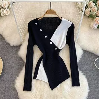 Крест V-образный вырез Лоскутное цветное вязание Тонкий тонкий нерегулярный короткий стиль Базовый топ Искусственные две части