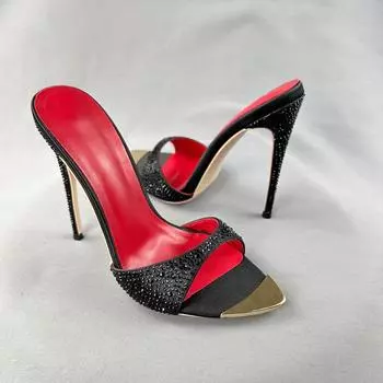 Кристально-черные блестящие модные женские босоножки на каблуках 12 см, свадебные сексуальные туфли, женские тапочки, большие размеры 33-45 33