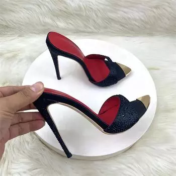 Кристально-черные блестящие модные женские босоножки на каблуках 12 см, свадебные сексуальные туфли, женские тапочки, большие размеры 33-45 35