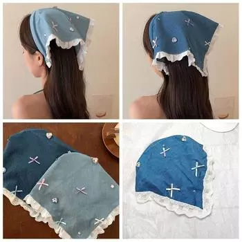 Кристалл Джинсовый Треугольный Головной Платок Бантом Женский Шарф Для Волос Милый Кружевной Повязка Для Волос Путешествия Style4