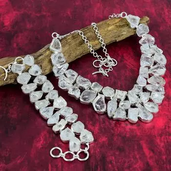 Кристалл Кварц Грубый Твердый Стерлингового Серебра 925 Браслет и Ожерелье Комплект Ювелирных Изделий, Ювелирные Изделия Ручной Работы Из Грубых Драгоценных Камней, Подарок Для Мамы Adjustable With 8 -18 белый