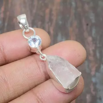 Кристалл кварца грубый, белый топаз драгоценный камень ручной работы из твердого серебра 925 пробы ювелирный кулон 1.77 Inches розовый