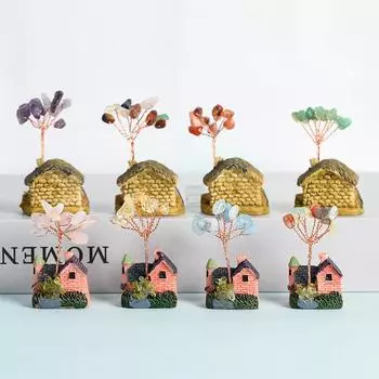 Кристалл Мини Дом Орнамент Декоративные Изделия Натуральное Кристалл Дерево Дробленый Камень Дерево Богатства Домик Сад Украшения Дома