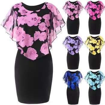 (кристалл)Модное женское повседневное шифоновое мини-платье с круглым вырезом и принтом розы XL розовый