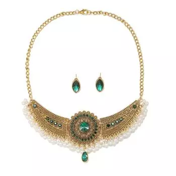 Кристалл Свадебный комплект ювелирных изделий Женщины Винтаж Серьги Ожерелье Индийский подарок невесты зелёный