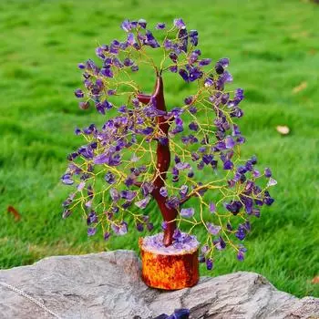 Кристаллы и камни, Аметистовый кристалл, выставочный образец для украшения дома, Денежное дерево бонсай, Размер 10-12 дюймов, Фиолетовая золотая проволока. 1 кусок