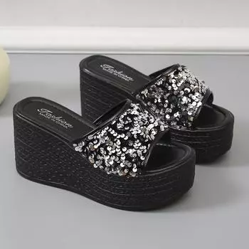 Кристаллы танкетки высокие каблуки тапочки для отдыха летние сандалии женские туфли женские платформы мюли тапочки без застежек на щиколотку пантуфли 36