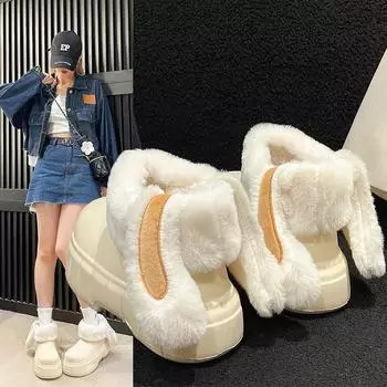 Кроличьи уши 2024 Новые хлопковые тапочки с бархатной съемной хлопковой обувью на высоком каблуке для отдыха на открытом воздухе 36 бежевый