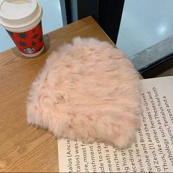 Кроличья плюшевая шапка женская осень-зима интернет-знаменитость универсальная защита ушей головной убор милая теплая вязаная шерстяная шапка M56-58cm чёрный