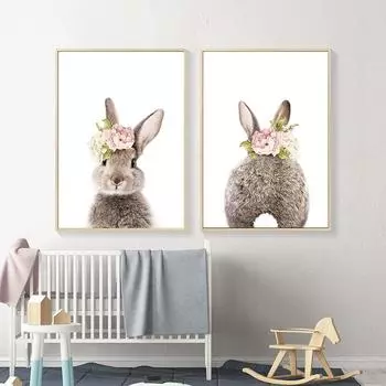 Кролик цветок детская плакаты на скандинавскую тему и принты настенная живопись на холсте мультяшные животные настенные панно для девочек Декор для детской комнаты 21cm30cm NoFrame