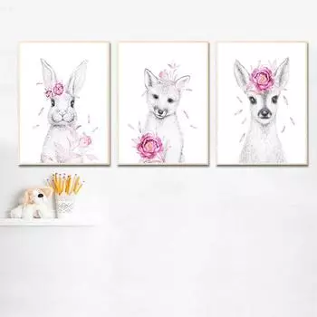 Кролик, лиса, цветок, олень, животное, черно-белый эскиз, настенная живопись на холсте, простые скандинавские постеры и принт для декора спальни для девочек 21*30cm