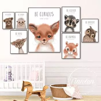 Кролик Лиса Сова Детеныши Ежик Детская Настенная картина на холсте Плакаты на скандинавскую тему и принты Настенные картины Декор для детской комнаты без рамки 21*30cm