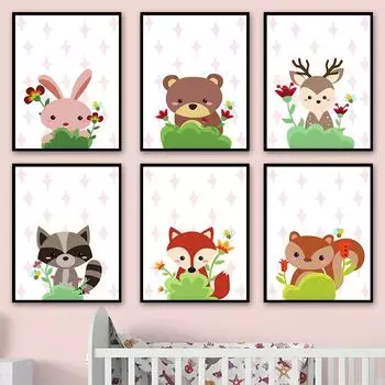 Кролик, медведь, лиса, енот, белка, животное, настенная живопись на холсте, постеры на скандинавскую тему и принты, настенные панно для детской комнаты, декор для детской комнаты 21cm30cm NoFrame