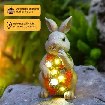 Кролик на солнечных батареях, цветочные украшения из смолы, милый кролик, ночник, креативная мини-скульптура в виде кролика, садовый ландшафтный декор белый