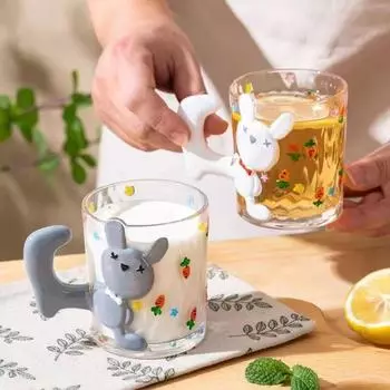 Кролик расписанный вручную стеклянный стаканчик Высокое качество внешнего вида Бытовая расписанные стаканы для сока Вода Питьевая чашка Лед Кофейная посуда 260ml