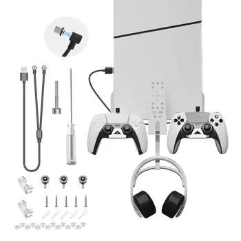 Кронштейн для настенного крепления PS5 Slim, устойчивая металлическая настенная подставка, держатель контроллера, вешалка для наушников, кронштейн для пульта дистанционного управления, магнитный кабель для зарядки 2 в 1 22.5*18.8*18.8cm белый