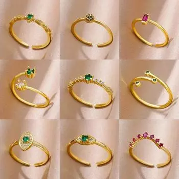 Крошечные зеленые круглые кольца с цирконом для женщин, позолоченные овальные кольца из нержавеющей стали с геометрическим рисунком, роскошные свадебные рождественские украшения, подарок Resizable