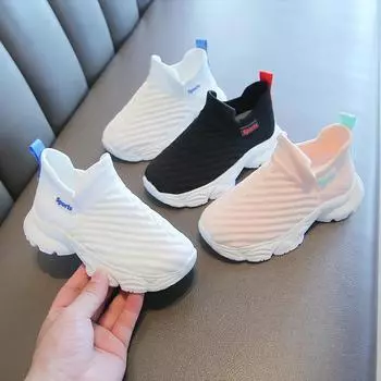 Кроссовки 2024 года, модные детские туфли на плоской подошве для младенцев, для девочек и мальчиков, однотонные эластичные сетчатые спортивные кроссовки для бега 27 insole17.3cm белый