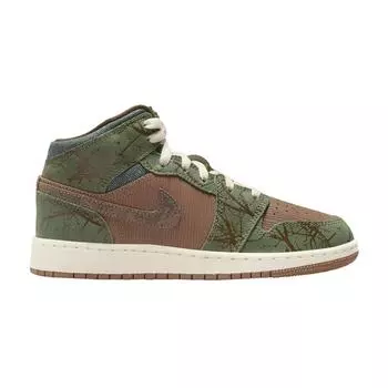 Кроссовки Air Jordan 1 Mid GS Treeline Kids коричневые Archaeo-коричневые кокосово-молочные FQ8101-200