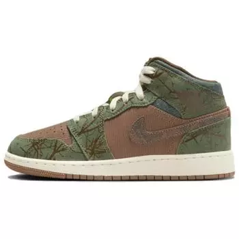 Кроссовки Air Jordan 1 Mid GS Treeline Kids коричневые Archaeo-коричневые кокосово-молочные FQ8101-200 38
