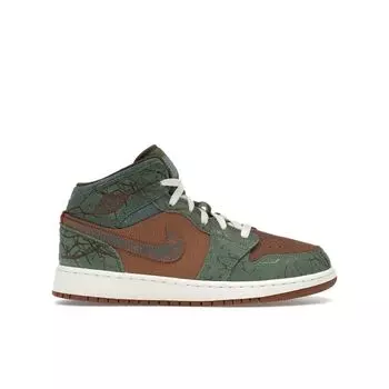 Кроссовки Air Jordan 1 Mid GS Treeline Kids коричневые Archaeo-коричневые кокосово-молочные FQ8101-200 36