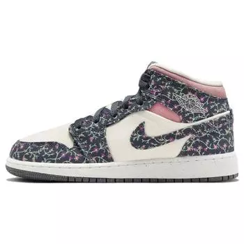 Кроссовки Air Jordan 1 Mid SE GS Floral Kids, черные, антрацитовые, парус FJ3451-001 37.5