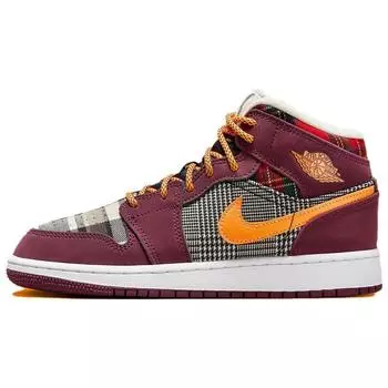 Кроссовки Air Jordan 1 Mid SE GS Plaid Kids красные, темно-бордовые, черные FD5460-608 38