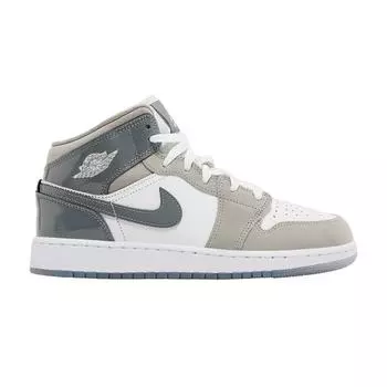 Кроссовки Air Jordan 1 Mid SE GS Patent Cool Grey Kids белые средне-серые HF3193-100 38.5