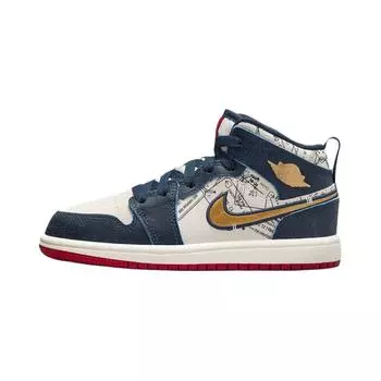 Кроссовки Air Jordan 1 Mid SE PS Take Flight Kids, синие, Armory-Navy Metallic-Gold FN1352-400 32
