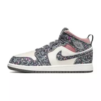Кроссовки Air Jordan 1 Mid SE PS Floral Kids белые антрацитовые парусные FJ3452-001 35