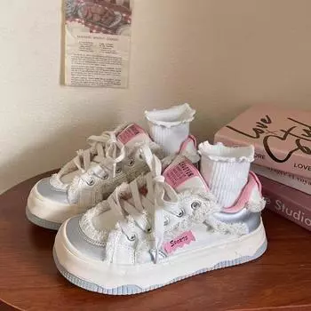 Кроссовки Color Match Platform для женщин 2024 года, новые дизайнерские спортивные студенческие туфли из искусственной кожи с необработанным краем Zapatos De Mujer 35 серебряный