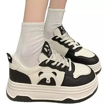 Кроссовки цвета хаки женские 2024 года, спортивная обувь на платформе, кроссовки, женская мода, повседневная обувь из искусственной кожи, милые кроссовки с пандой 35 чёрный