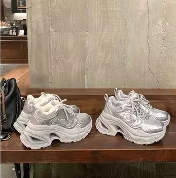 Кроссовки Dad из коровьей кожи на серебристой платформе - стиль Su Yinyin, подошва толщиной 8 см, женская повседневная спортивная обувь 35 серебряный