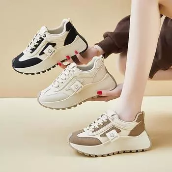 Кроссовки Dad Shoes на толстой платформе для женщин, повседневные кроссовки для бега из искусственной кожи, женские удобные дышащие нескользящие рабочие теннисные кроссовки со шнуровкой 35 бежевый