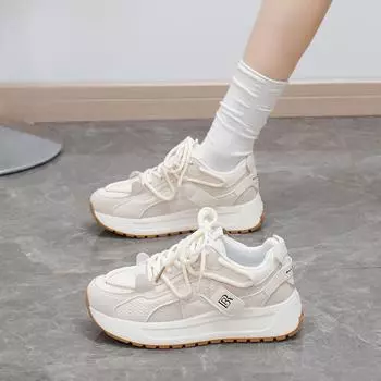 Кроссовки для бега на толстой подошве для женщин, повседневные, легкие, из искусственной кожи, для ходьбы, женские, удобные, со шнуровкой, теннисные кроссовки, спортивная обувь для активного отдыха 35 бежевый