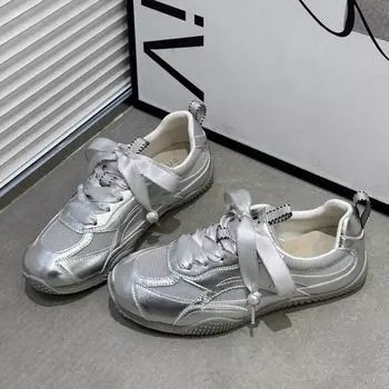 Кроссовки для бега с атласными шнурками из серебристой сетки, новые модные женские повседневные кроссовки на платформе с круглым носком, кроссовки для тренировок 35
