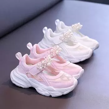 Кроссовки для девочек, однотонные, сетчатые, с вырезами, летние, для детей среднего и большого возраста, с жемчужными однотонными вставками 26 розовый