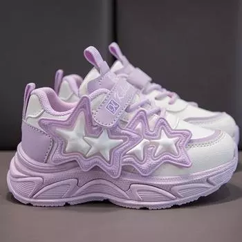Кроссовки для девочек с кожаной поверхностью, дышащие, 2024, новые детские кроссовки с мягкой подошвой для бега, среднего размера, для детей старшего возраста, для девочек и пап 26 фиолетовый