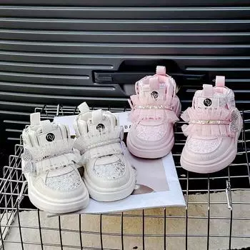 Кроссовки для девочек с кружевом и пайетками, осенние, со стразами и бантом, повседневная корейская версия детской обуви 21 розовый