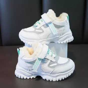 Кроссовки для девочек с толстой мягкой подошвой, кроссовки для бега с мехом, зимняя новая детская спортивная обувь 2024 года, нескользящая, модная застежка-липучка 26 зелёный