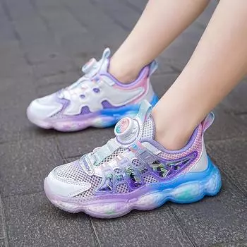Кроссовки для девочек с вращающимися кнопками, весна и осень 2025 года, новые сетчатые дышащие детские спортивные туфли для детей среднего и маленького размера, кроссовки для бега для школьников 32