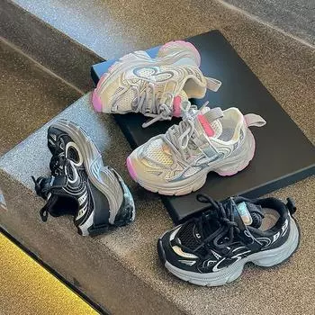 Кроссовки для девочек весна-осень повседневные черные баскетбольные кроссовки для детей модные дышащие детские кроссовки для мальчиков спортивные массивные 26 чёрный