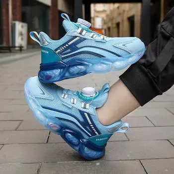 Кроссовки для мальчиков и девочек 2024 года, новые детские сетчатые спортивные туфли, дышащие, вращающиеся кнопки, повседневная спортивная обувь для больших детей, нескользящая 28 темно-синий