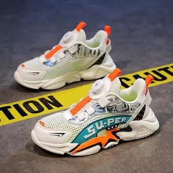 Кроссовки для мальчиков лето 2025 сетчатые дышащие средние и большие детские тонкие одинарные сетчатые повседневные туфли для папы и одноклассника с вращающейся пряжкой 31