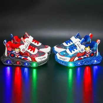 Кроссовки для мальчиков с мультяшным принтом, детская спортивная обувь со светодиодной подсветкой, детская зимняя сетчатая повседневная светящаяся обувь 24 красный